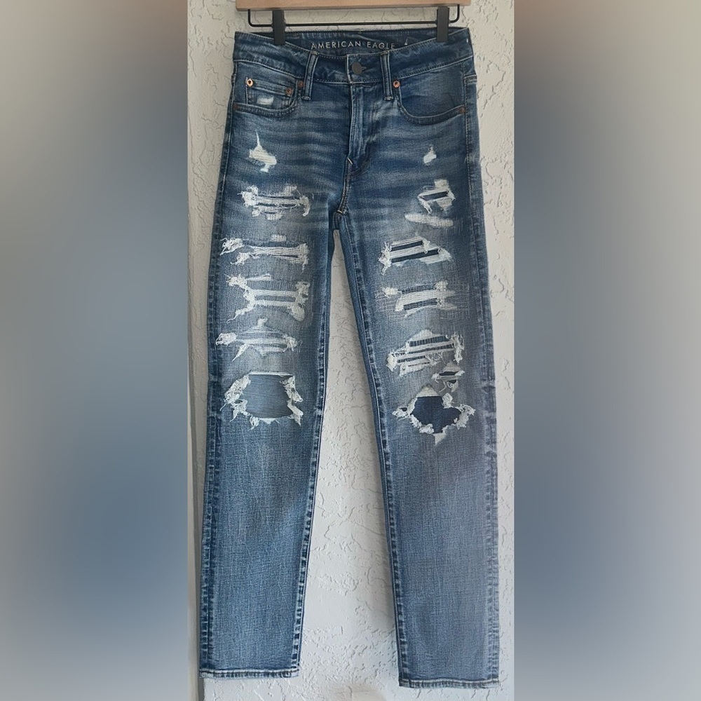 Men's AirFlex + Slim Straight Distressed Blue Jeans